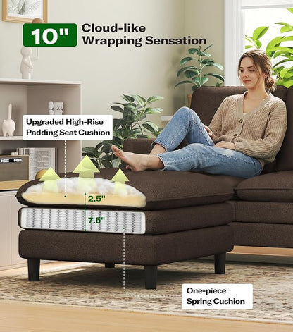 Welzona 3-Layers Cloud L Shaped Couch, 51" Loveseat Sofa Living Room, Bedroom - Tool-Free Assembly with Teddy Fabric Small L Shape Sofa - Brown - Removable Washable Covers - 650lbs Capacity