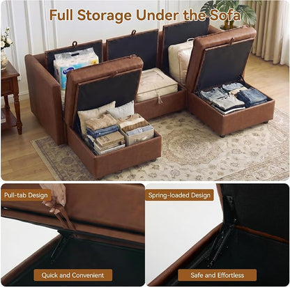 80" Brown Faux Leather Storage 3 Seater Sofa with 2 Ottomans, Comfy Couch | Convertible Modular Sectional Sofa, U Shaped Oversized Couch, Upholstered Large Cloud Couch For Living Room, Apartment.