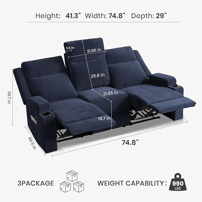 75'' Manual Reclining Sofa with Storage Drawer, 3 Seat Wall Hugger Recliner Couch with Cup Holders, Side Pockets, Chenille Fabric, Compact 3-Person Recliner for RV, Living Room, Apartment (Blue)