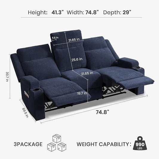 75'' Manual Reclining Sofa with Storage Drawer, 3 Seat Wall Hugger Recliner Couch with Cup Holders, Side Pockets, Chenille Fabric, Compact 3-Person Recliner for RV, Living Room, Apartment (Blue)