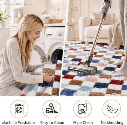 Ophanie Checkered Rainbow Rug for Living Room Bedroom,Colorful Fluffy Soft Cute Fuzzy Area Rugs,Shag Plush Shaggy Bedside Floor 4x6 Furry Carpet Kids Baby Teen Dorm Decor with Over 99 pcs Pile fibers