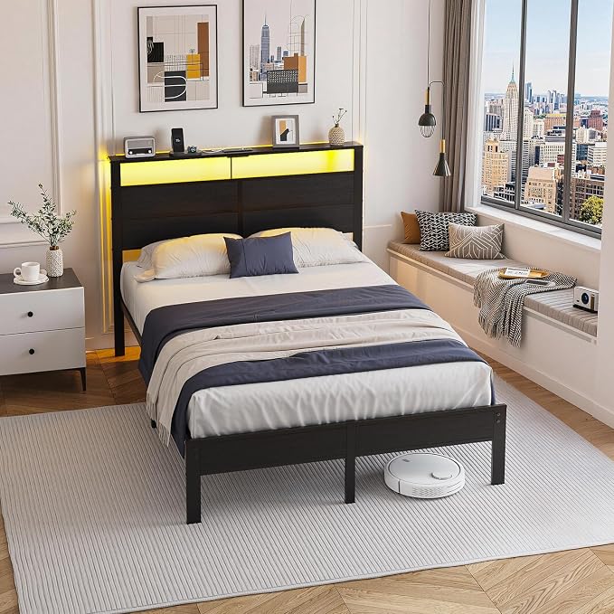 Full Size Metal Bed Frame with Storage Headboard, LED Lights and USB Charging Ports, Noise Free Platform Bed with Sturdy Slats, No Box Spring Needed, Easy Assembly
