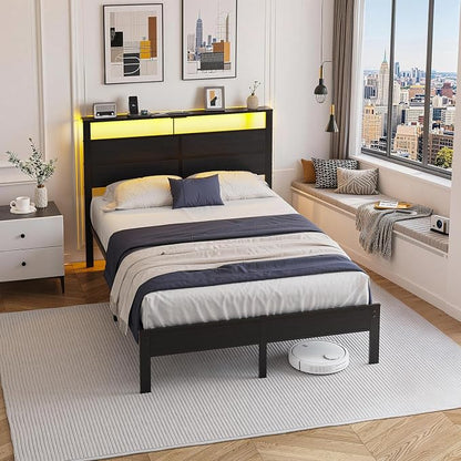 Full Size Metal Bed Frame with Storage Headboard, LED Lights and USB Charging Ports, Noise Free Platform Bed with Sturdy Slats, No Box Spring Needed, Easy Assembly