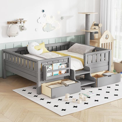 Bellemave Full Kids Montessori Bed with Stairs, Bookshelf and Drawers, Solid Wood Kids Bed Frame with Storage for Boys Girls, Low Profile,Gray