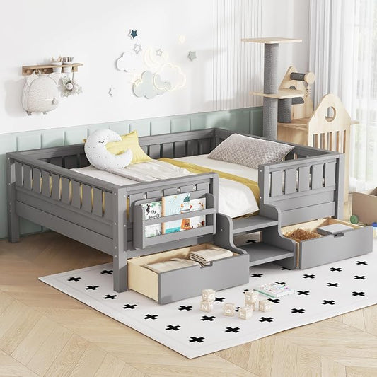 Bellemave Full Kids Montessori Bed with Stairs, Bookshelf and Drawers, Solid Wood Kids Bed Frame with Storage for Boys Girls, Low Profile,Gray