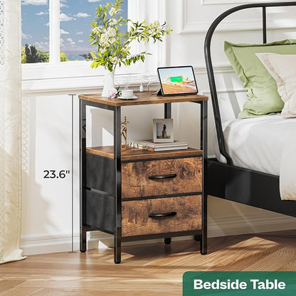 Huuger Nightstand with Charging Station, Fabric Drawers, End Table with Open Shelf, Bedside Table with USB Ports and Outlets, Night Stand for Bedroom, Rustic Brown
