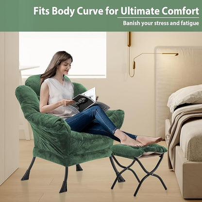 Youtanic Lazy Chair with Folding Ottoman, Accent Chair Plush Upholstered with Metal Structure and Non-Slip Pads, Sofa Armchair with Footrest and Side Storage Bag for Dorm, Room, Office, Green