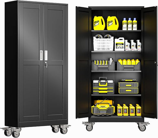 GAIOUS Metal Garage Storage Cabinet with Lock, Steel Tool Cabinet with 2 Door and 4 Adjustable Shelves, 71” Tall Lockable File Cabinet with Wheels, Rolling Cabinet for Home Office Garage Gym - Black