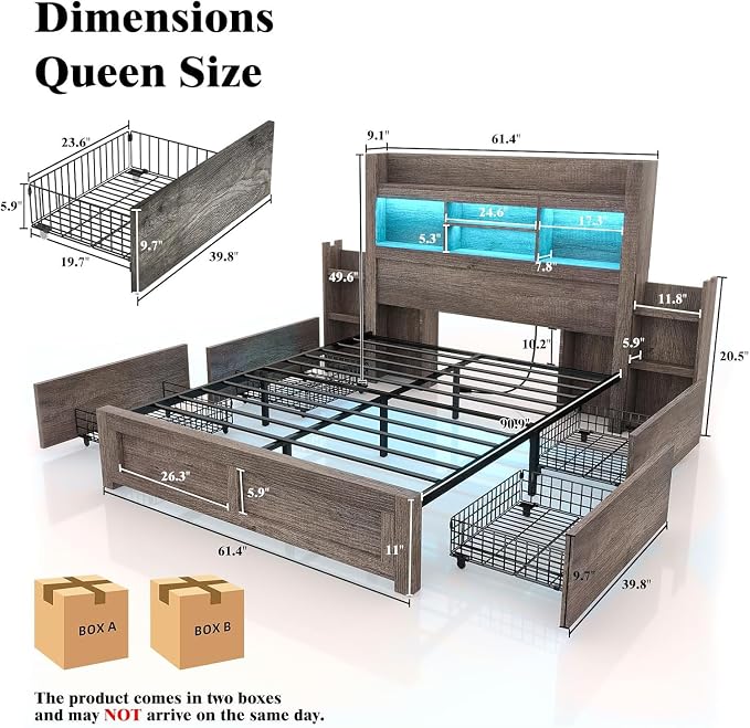 LUXOAK Queen Bed Frame with 49.6" Bookcase Headboard & 4 Drawers & 2 Detachable Bedside Stoage Racks, Farmhouse Wood Bed Frame with RGB LED & Charging Station, No Box Spring Needed, Grey