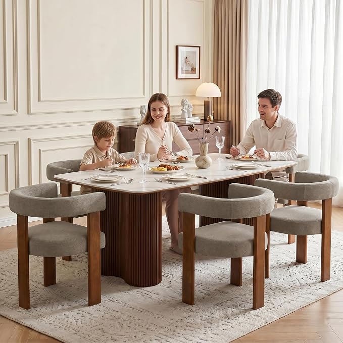 Usaint Wooden Barrel Dining Chairs Set of 6, Mid-Century Modern Upholstered Dining Room Chairs with Walnut Wood Legs and Loop Back, Comfy Accent Arm Chair for Dining Room, Kitchen, Living Room, Brown