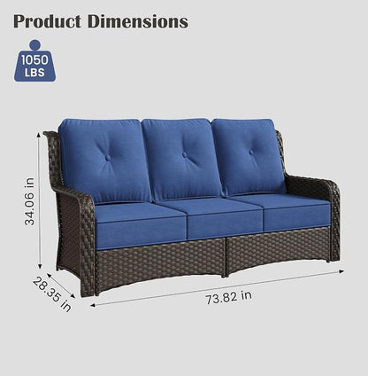 Sundale Outdoor Wicker 3-Seat Patio Sofa, Luxury Outdoor Couch with High Back & Wider Armrests, Patio Furniture with 6-inch Cushions for Yard, Deck, Poolside (Blue)