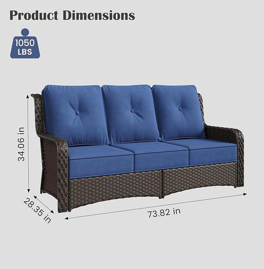 Sundale Outdoor Wicker 3-Seat Patio Sofa, Luxury Outdoor Couch with High Back & Wider Armrests, Patio Furniture with 6-inch Cushions for Yard, Deck, Poolside (Blue)