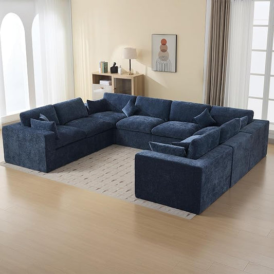 146''Cloud Boneless Sectional Couch, Modular Sectional Sofa Deep Seat, Oversized Upholstered Convertible Comfy 8 Seater Chenille Memory Foam Sofa U Shape Couches for Living Room, Navy