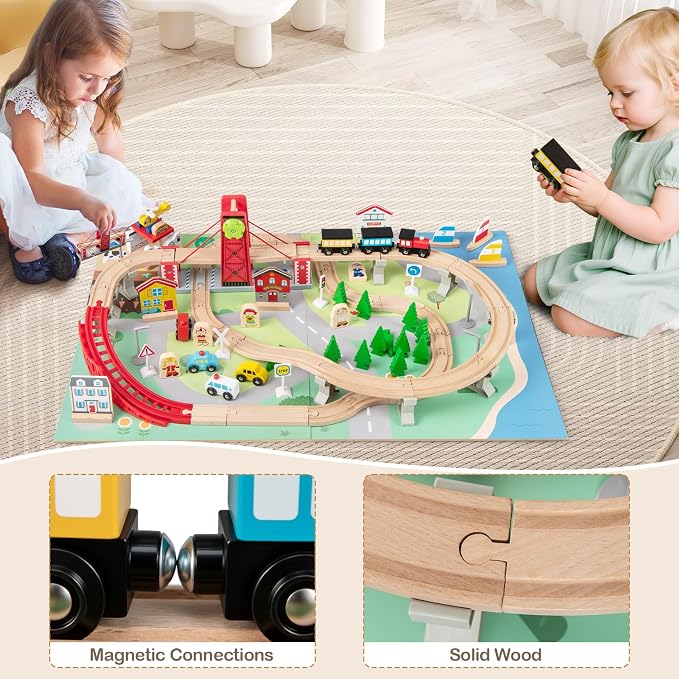 Costzon Train Table, 3-in-1 Wooden Activity Table W/ 3 Storage Bins, Reversible 94 PCS Track Train Toys & Table Map for Building, Playing, Studying, Eating, Kids Train Set Table for Boys Girls Aged 3+
