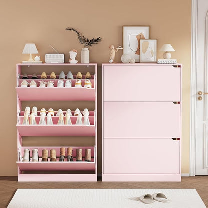 Shoe Storage Cabinet, Wood Shoe Organizer for Entryway with 3 Flip Drawers, Freestanding Shoe Rack with Adjustable Shelf, Narrow Shoe Dresser for Front Door Entrance (Pink, 3 Drawers)