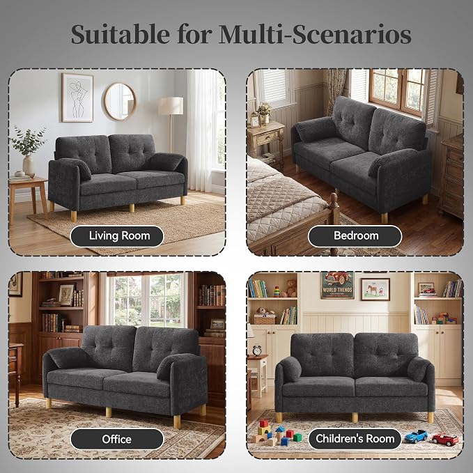 65" Loveseat Sofa, Mid Century Loveseat Couch for Living Room with Storage Pockets, Upholstered Small Loveseat for Small Spaces, Bedroom, Home Office, Apartments, Small Sofa Chenille Dark Grey