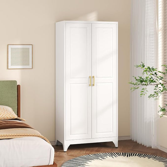 SteeLoong Metal Wardrobe Cabinet with Hanging Rod, 71" Tall Armoire Wardrobe Closet with 2 Doors and Adjustable Shelves, White Clothing Storage Cabinets for Bedroom, Laundry Room, Cloak Room
