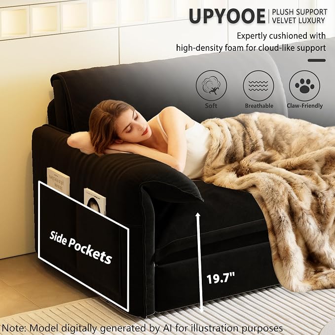 63.8" Sofa Bed Queen Size, Pull Out Couch Bed, 3-in-1 Convertible Sleeper Sofa with Side Pocket, Modern Velvet Futon Couch for Living Room, Small Space, Apartment, Bedroom, Black