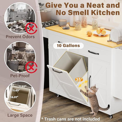 YESHOMY Kitchen Island on Wheels with Trash Cabinet, 56" Mobile Cart with Drop Leaf and Drawers, Rolling Portable Table with Spice Rack & Towel Holder for Dining Room, White & Brown