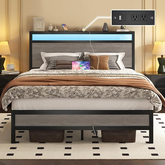 Fluest Full Bed Frame with Headboard & Footboard, Full Bed Frame with Built-in Charging Station & LED Light, Storage Shelf, Noise-Free, No Box Spring Needed, Easy Assembly, Rustic Grey