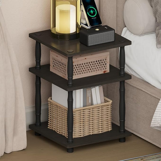 Furinno Turn-N-Tube Night Stand, 3-Tier Square Nightstand, Open Shelf Side Table, End Table with Classic Tube, for Living Room, Bedroom, Espresso