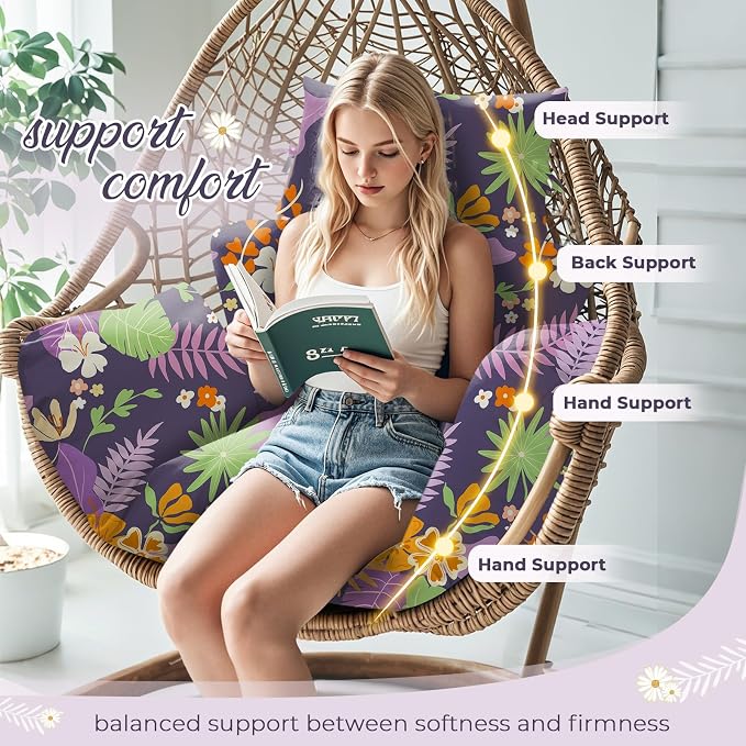 Waterproof Egg Chair Cushion Replacement 47x31.5x4.7 inch Thicken Hanging Egg Swing Chair Cushion Indoor Outdoor Wicker Rattan Hammock Basket Cushion with Headrest Pillow, Purple Leaves