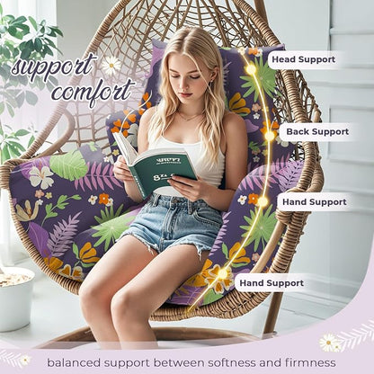 Waterproof Egg Chair Cushion Replacement 47x31.5x4.7 inch Thicken Hanging Egg Swing Chair Cushion Indoor Outdoor Wicker Rattan Hammock Basket Cushion with Headrest Pillow, Purple Leaves
