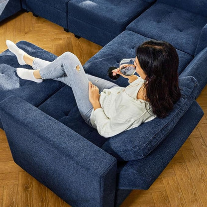 Belffin Reversible Storage Modular U-Shape Sectional Sofa Couch with Double Chaises Modular Sectional Sofa Set with Ottomans Fabric Blue