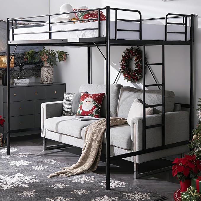 VINGLI Loft Bed Full Size with Flat Rungs for Adults, Kids and Young Teens, No Box Spring Needed,Heavy Duty Metal Slat Support,Black