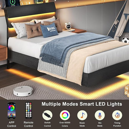 Feonase Twin Floating Bed Frame with Led Lights and Charging Station, Wood Twin Size Bed Frame with Storage Headboard, Heavy Duty Metal Slats, No Box Spring Needed, Easy Assembly, Black