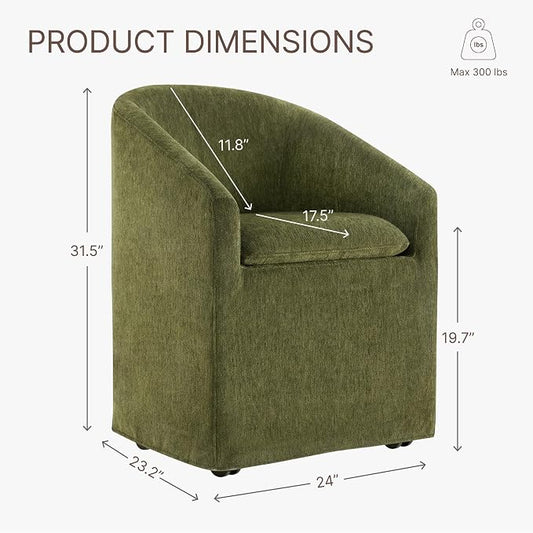 KISLOT Upholstered Dining Chairs Set of 1 with Casters, Modern Side Barrel Armchair with Washable Slipcover & Sturdy Metal Frame for Diningroom Bedroom Livingroom Reading Room, Green Fabric