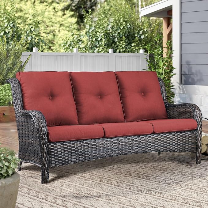Outdoor Couch All Weather PE Wicker Patio Sofa Outdoor Sofa Deep Seating for Porch Deck Backyard-Brown/Red