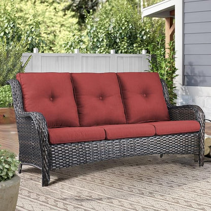 Outdoor Couch All Weather PE Wicker Patio Sofa Outdoor Sofa Deep Seating for Porch Deck Backyard-Brown/Red
