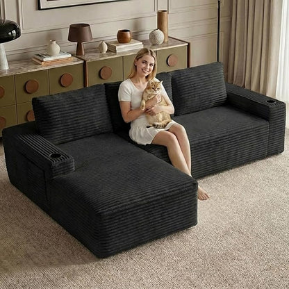 104.3" Modular Sectional Sofa,Modern Corduroy Cloud Couch with Cup Holder & Side Pockets,Boneless Couch Upholstered 3-Seater L-Shaped Sofa for Living Room,No Assembly (Black, Left-Facing Chaise) | with Cup Holder