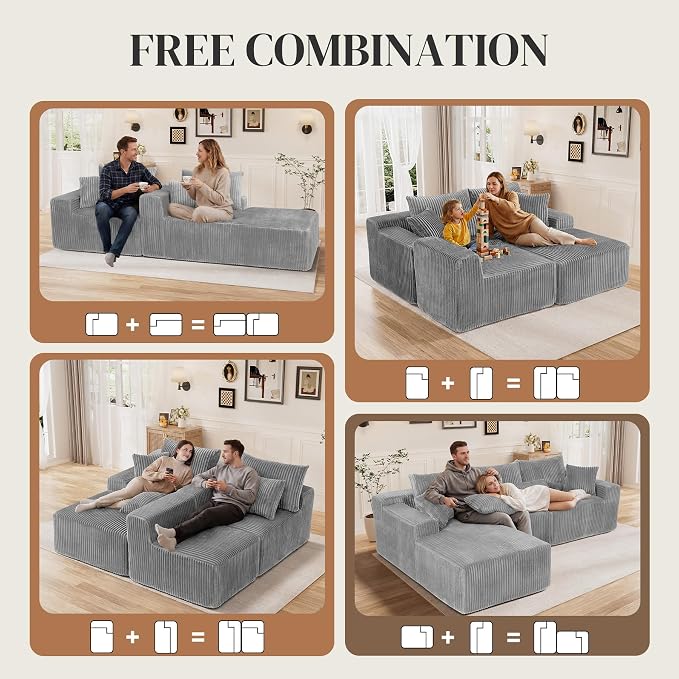 110" L Shaped Cloud Boneless Sectional Couches for Living Room, Modern Comfy Modular Deep Seat Memory Foam Compressed Corduroy Sofa Oversized Left Facing Chaise, No Assembly Required, Grey
