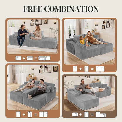 110" L Shaped Cloud Boneless Sectional Couches for Living Room, Modern Comfy Modular Deep Seat Memory Foam Compressed Corduroy Sofa Oversized Left Facing Chaise, No Assembly Required, Grey