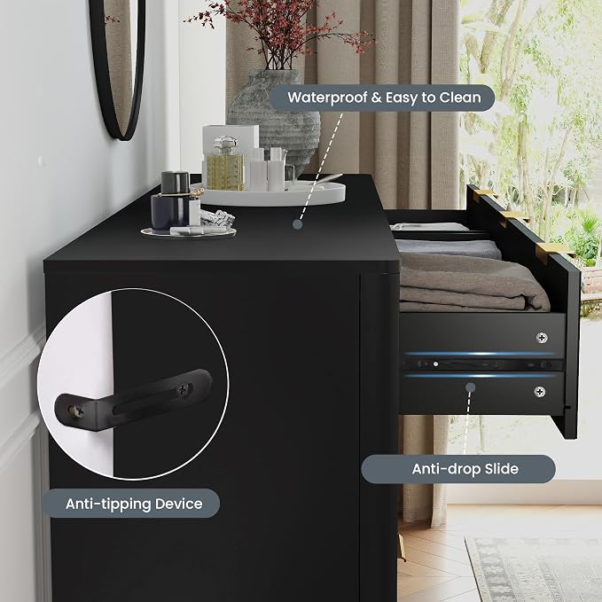 SUNWAVE 9 Drawer Dresser for Bedroom, 59.1" Large Fluted Dresser with Round Corner, Modern Dressers Wood Chest of Drawer for Living Room (Black)