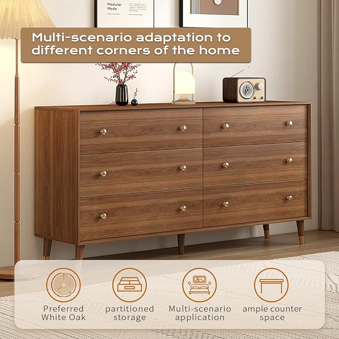 Messenya 6 Drawer Dresser for Bedroom, 55 Inch Walnut Dresser for Closet, Mid Century Wood Chest of Drawers with Natural Texture & Pre-Embedded Slots for TV Stand, Living Room, Hallway, Office