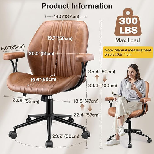 HeroSet Leather Office Chair with Removable Armrests, Mid Back Ergonomic Desk Chair with Lumbar Support, Adjustable Height Rocking Swivel Executive Chair for Home Office, Brown