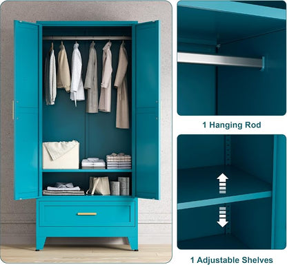 Washsemba 71'' Farmhouse Metal Wardrobe Cabinet with Hanging Rod, 2 Barn Door Wardrobe Closet with Adjustable Shelves,Drawer,for Dining Room,Bedroom,Living Room, Cloak Room,Office (Peacock Blue)