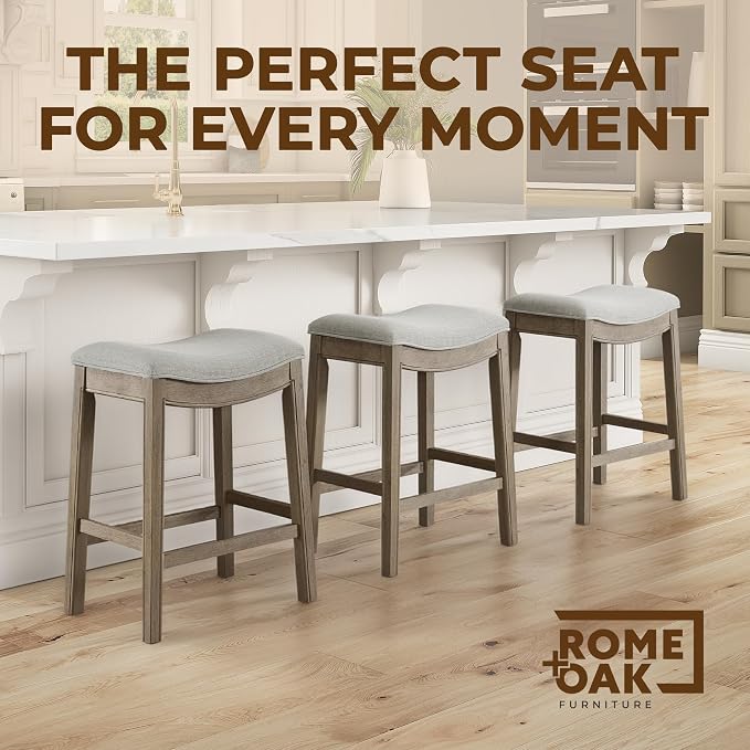 ROME + OAK Set of 3 Parker 26 Inch Counter Stool, Backless Saddle Kitchen Barstool in Reclaimed Oak Finish with Grey Fabric Upholstery Cushion Seat