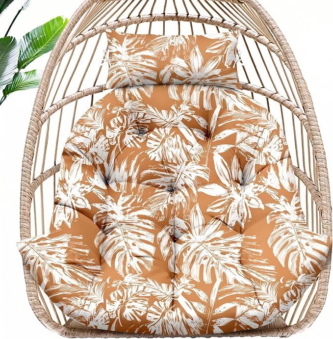 MAGIC ELEPHANT Egg Chair Cushion, Memory Foam Hanging Egg Chair Cushion Replacement, Indoor Outdoor Hammock Basket Swing Cushion with Headrest (Rust Orange Monstera)