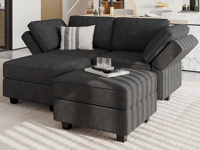 Bellfin Modular Sectional Sleeper Sofa Convertible Sofas with Storage Ottomans Small Sectional Couches for Living Room. Black Couch