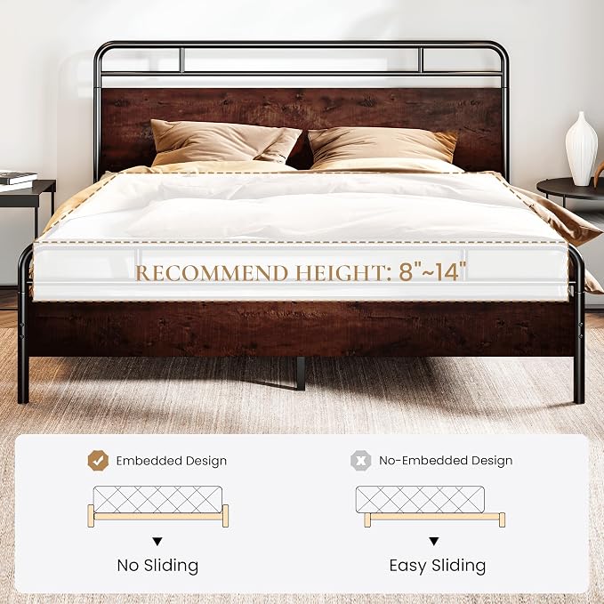 SHA CERLIN King Size Bed Frame with Wooden Headboard and Footboard, Rounded Corner Metal Structure, Heavy Duty Slats with Under-Bed Storage, No Box Spring Needed, Mahogany