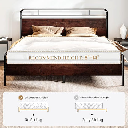 SHA CERLIN King Size Bed Frame with Wooden Headboard and Footboard, Rounded Corner Metal Structure, Heavy Duty Slats with Under-Bed Storage, No Box Spring Needed, Mahogany