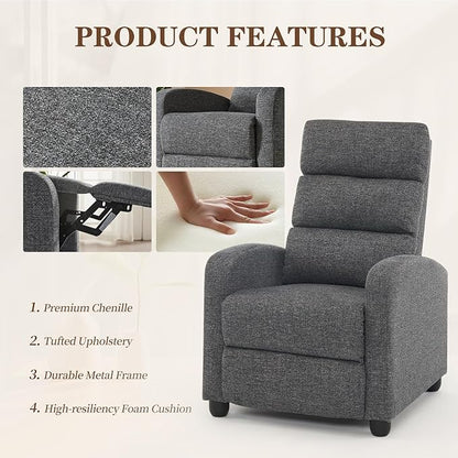 Furnimart 2-Piece Manual Recliner Chair for Small Spaces, Chenille Reclining Chair with Chunky Cushion, Comfortable Single Sofa for Adults, Ideal for Living Room, Bedroom, Home Theater, Gray