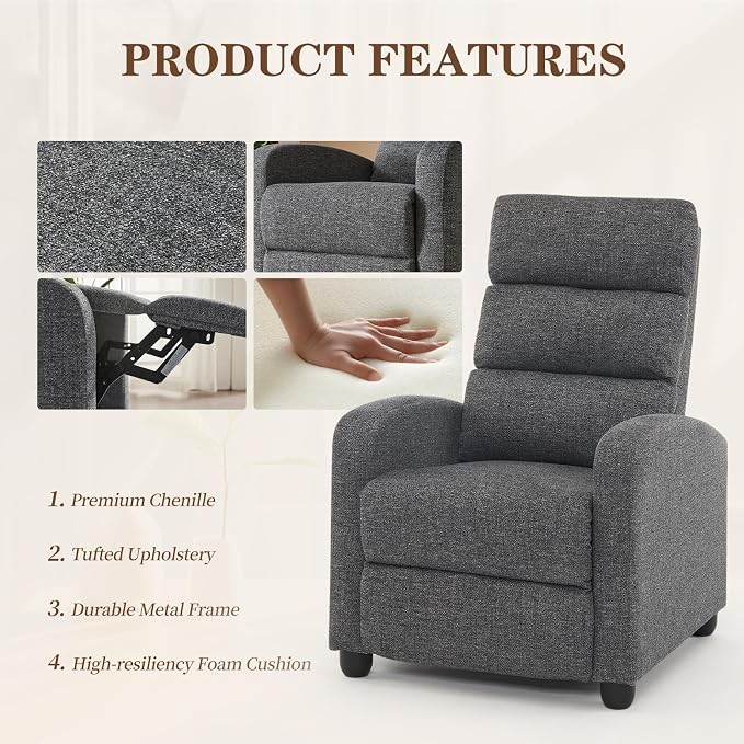 Furnimart Small Manual Recliner Chair for Compact Spaces, Overstuffed Chenille, Chunky Cushion, Comfortable Single Sofa Recliner for Adults, Ideal for Living Room, Bedroom, Home Theater, Gray