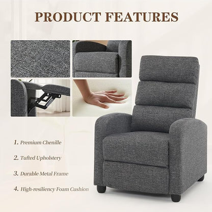 Furnimart Small Manual Recliner Chair for Compact Spaces, Overstuffed Chenille, Chunky Cushion, Comfortable Single Sofa Recliner for Adults, Ideal for Living Room, Bedroom, Home Theater, Gray