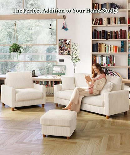 Welzona 35.3" Couches for Living Room, Comfy Beige Couch Single with 22.5" Deeper Seat, Accent Chair Tool-Free Setup, Reading Chair 440lbs Support, Corduroy Couch for Bedroom, Apartment, Office