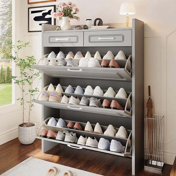 Shoe Cabinet with 3 Large Flip Drawers and 2 Storage Drawers, Narrow Shoe Organizer Cabinet Fits for Kinds of Shoes, Hidden Shoe Storage Cabinet for Entryway, Hallway, Light Grey
